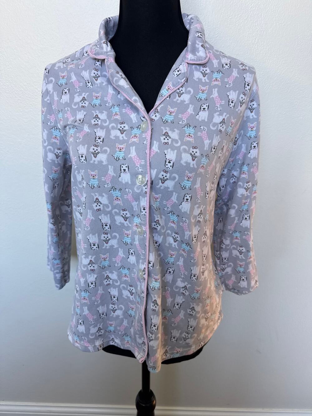 BedHead Novelty Dog Print Long Sleeve Button-Front Pajama Top Gray Women M